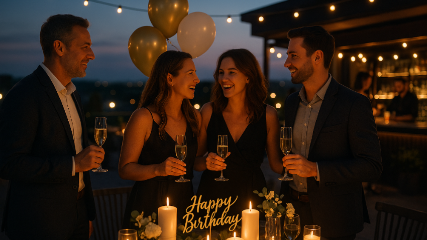 Menschen feiern ein Geburtstag auf dem ROOF des PLICANA mit Sektgläsern in der Hand, Luftballons und Lichterketten im Hintergrund und Kerzen auf dem Tisch