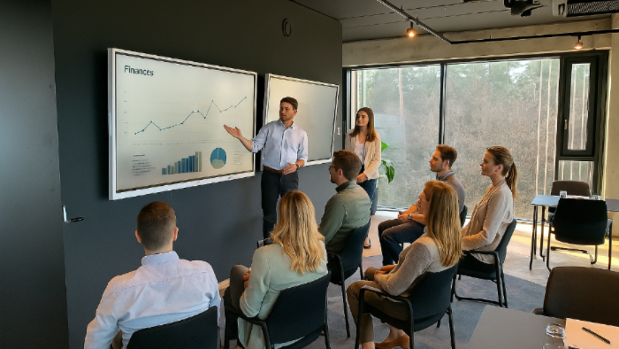 Junge Leute schauen auf die großen Bildschirme mit Finanzgrafiken während ein Mann vorträgt