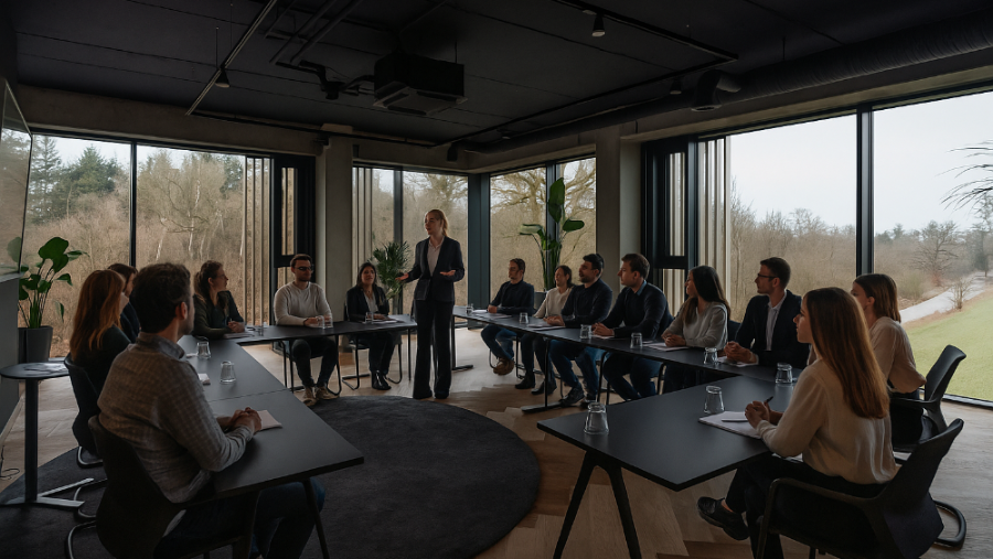 Junge Leute halten ein Seminar im DINE mit schwarzen Tischreihen und hohen Glaswänden