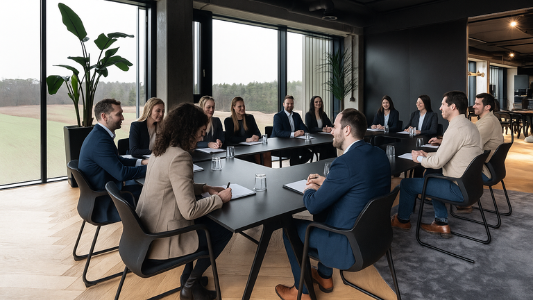 Menschen in Anzügen halten ein Meeting im Tischkreis im DINE des PLICANA