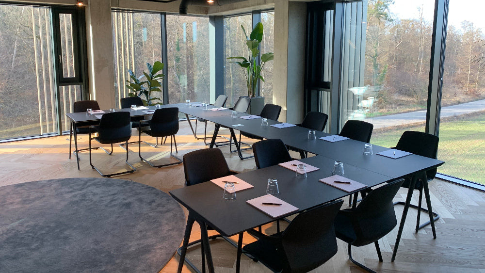 Tischreihe für ein Meeting in schwarz im Dine und Ausblick auf den Kronauer Wald aus den Glaswänden