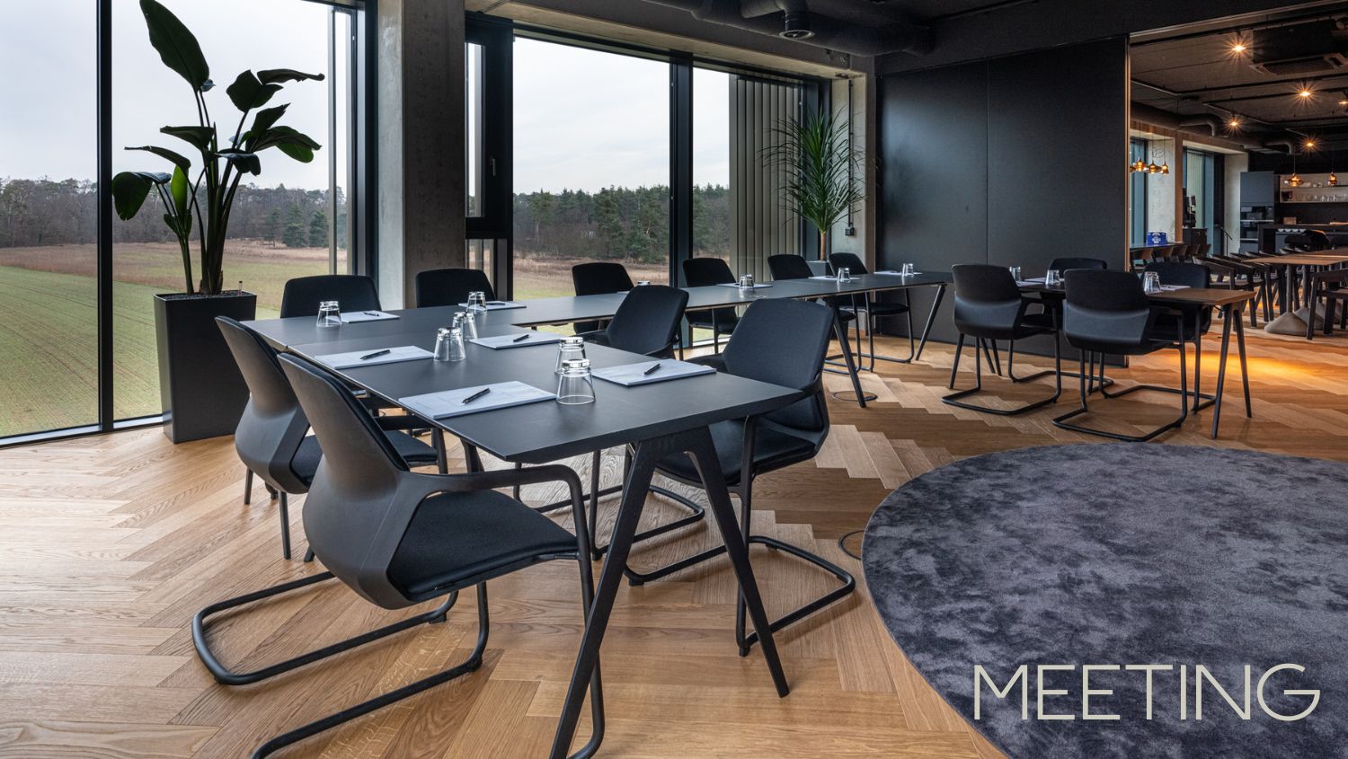 Dine im PLICANA in Kronau mit schwarzen Stühlen, Tischen und Aussicht auf den Kronauer Wald